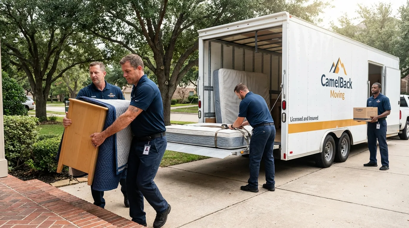 Crew loading residential truck for cross-state move from La Pryor, TX