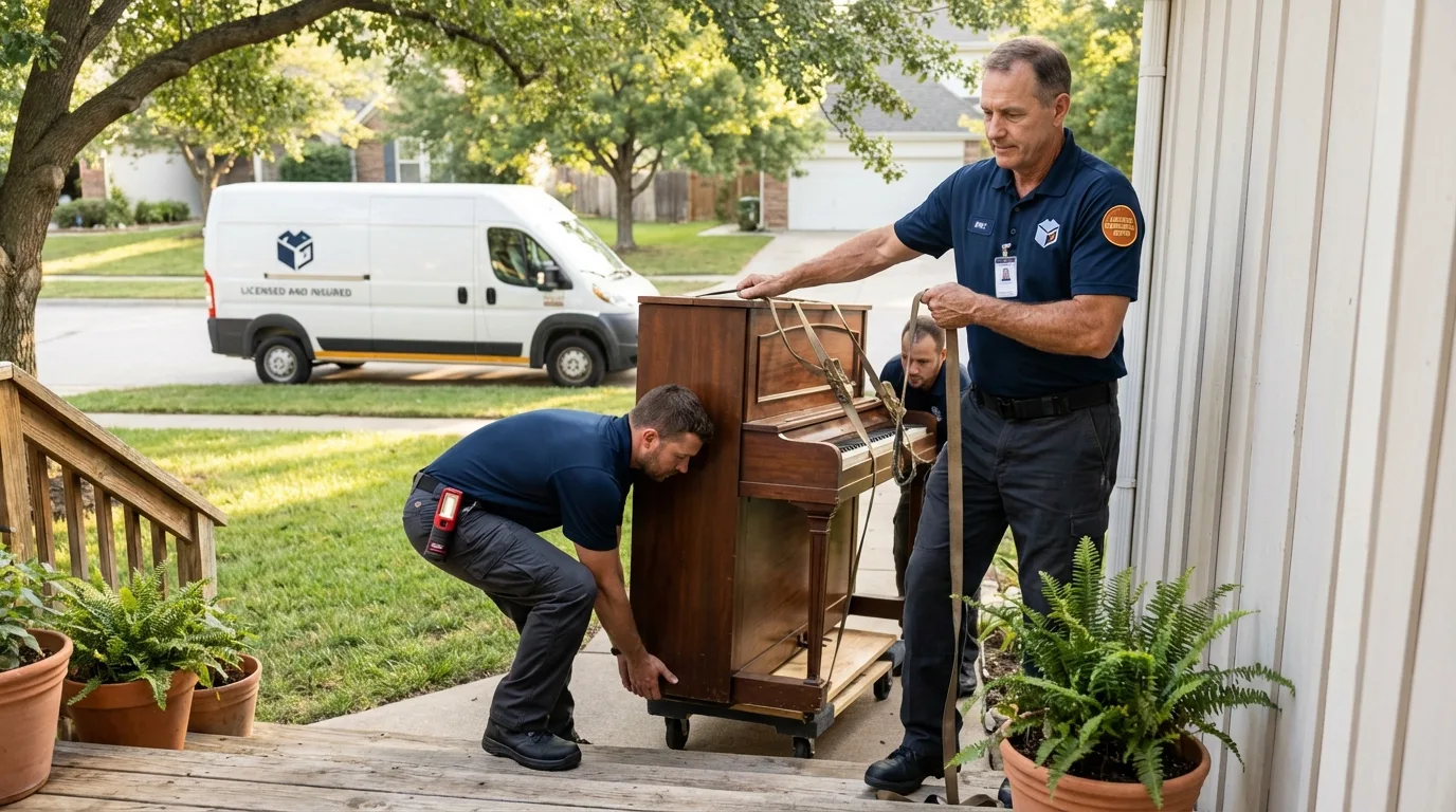Licensed piano movers securing grand piano in La Pryor, TX