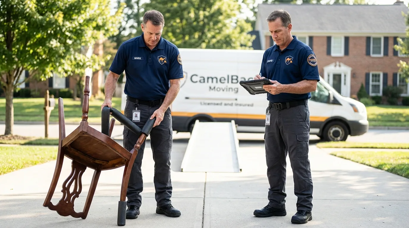 Movers inspecting furniture for damage prevention before loading in La Pryor, TX
